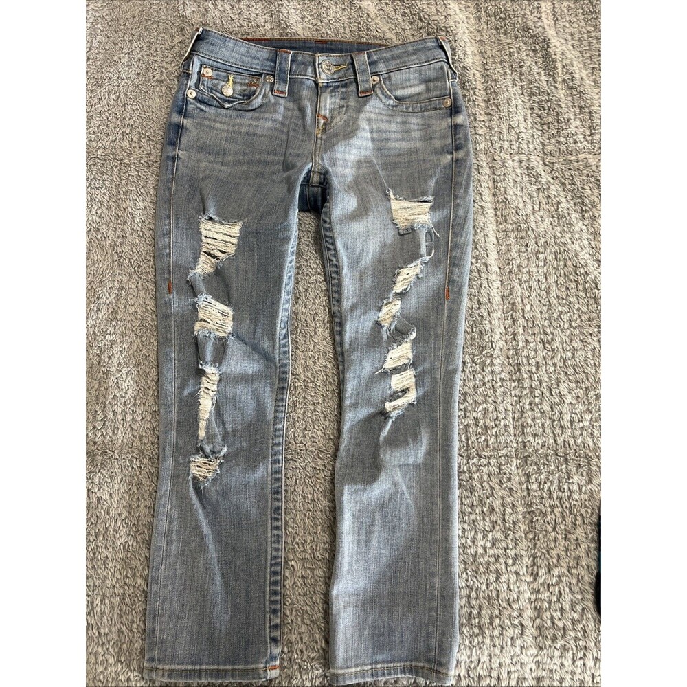 True Religion Distressed Capri Jeans Sz 26 Light Wash Y2K Boho